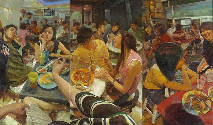 Triptych painting of people in an Asian food court