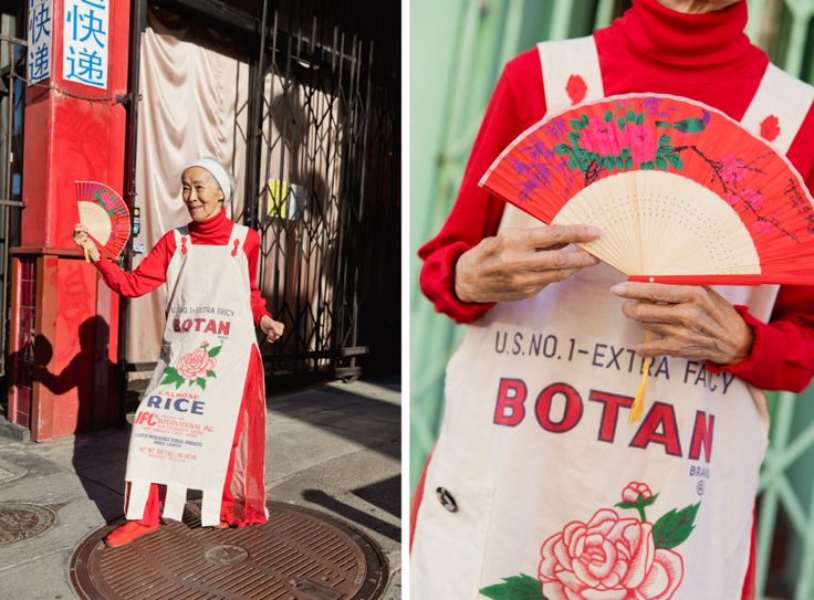 A woman in a dress made of a rice bag and another close up view of the outfit