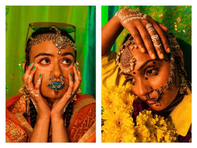 Two photos of South Asians decorated in traditional jewelry and colorful makeup