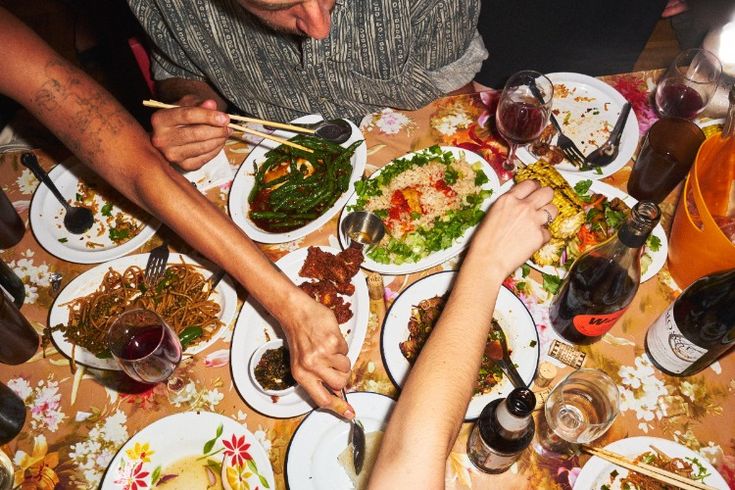 A bird's eye view of a lively dinner table