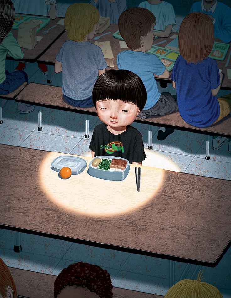 Artwork of an asian child eating lunch at school